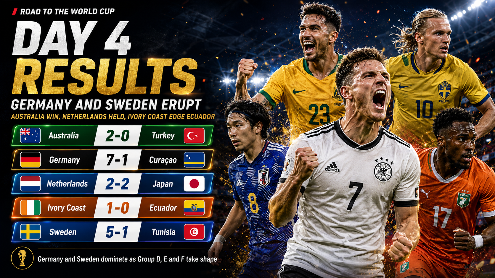 Day 4 - Results: Germany and Sweden Explode, Australia Shocks Turkey, Netherlands Held by Japan