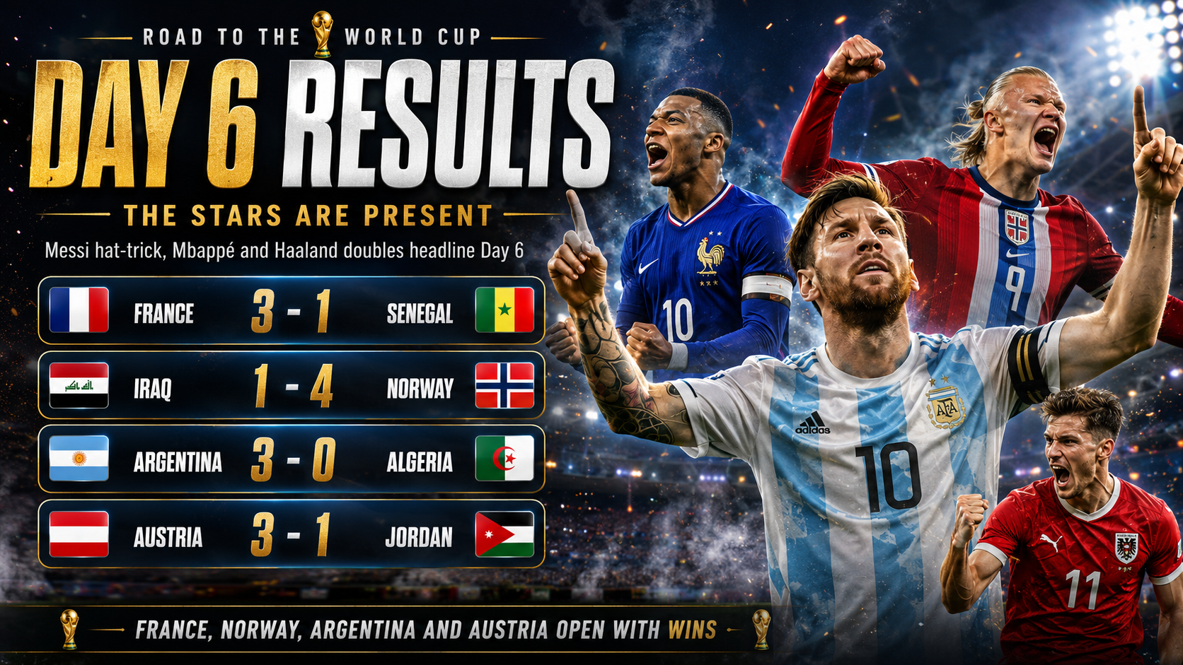 Day 6 - Results: The Stars Are Present as Messi, Mbappé and Haaland Shine