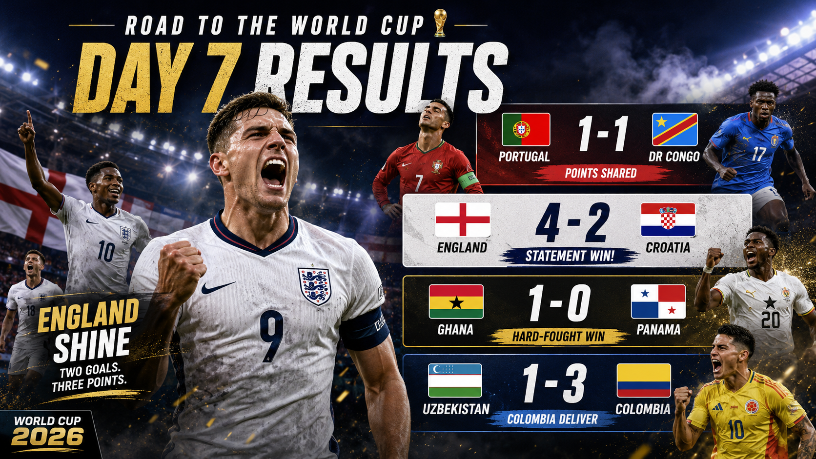 Day 7 - Results: England Keep the Star Momentum Going as Portugal Fall Short Against DR Congo