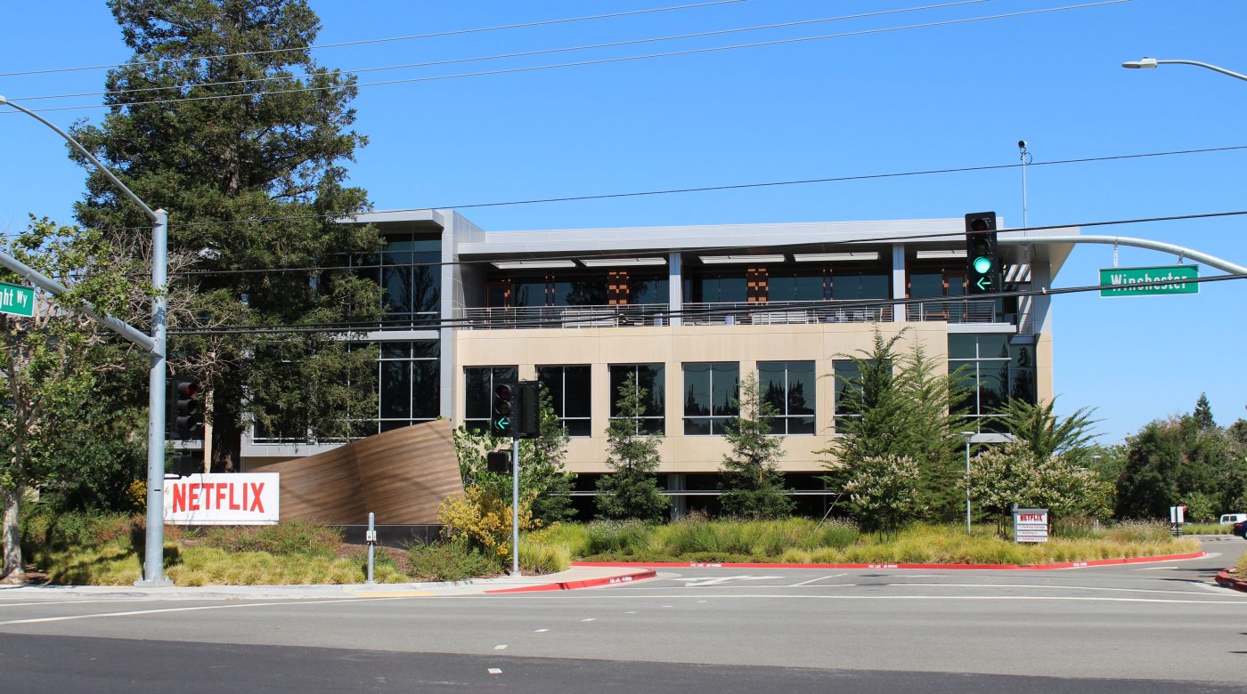 Netflix sign beside a corporate campus building in Los Gatos, California