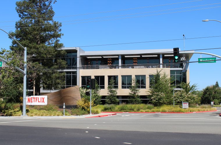 Netflix sign beside a corporate campus building in Los Gatos, California