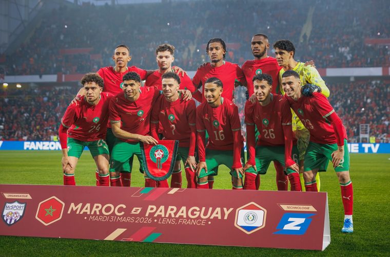 Morocco men’s national team posing before a match with Paraguay