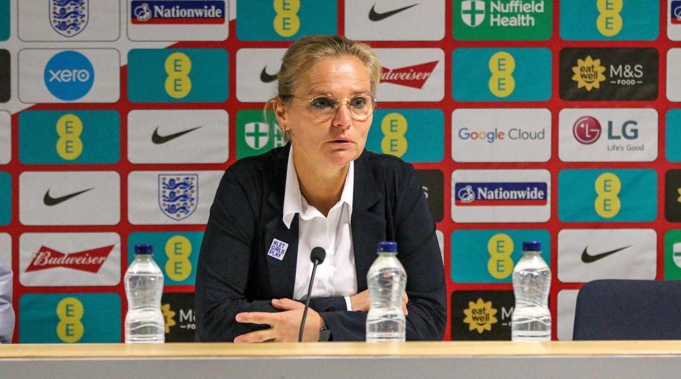 Sarina Wiegman speaking at an England women’s football press conference in 2022.